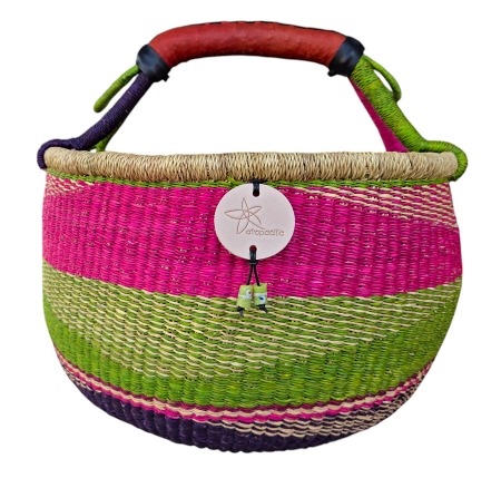 Bolga Market Basket – this large, high-quality basket has a fixed single handle for carrying comfort and an accessible open top. Great for markets & beach