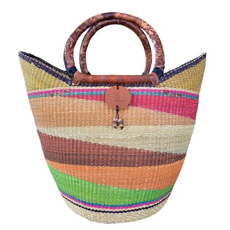 This Bolga U-shopper basket has a double handle and narrow profile making it portable and accessible. Perfect accessory for market, beach or shopping.