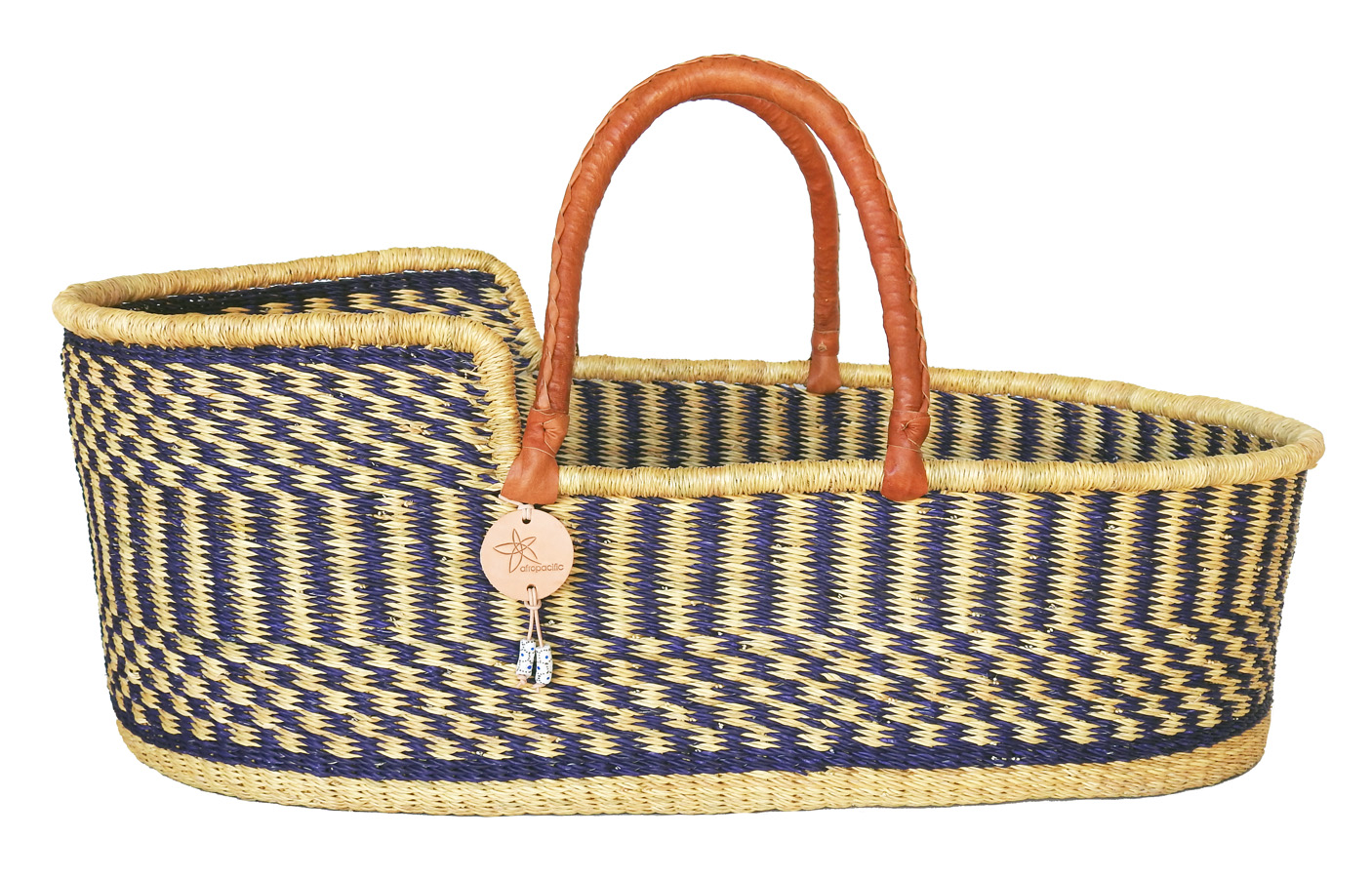 The Bolga Moses basket provides a natural bedding alternative for your new born baby. Light weight but durable, with leather-covered handles.